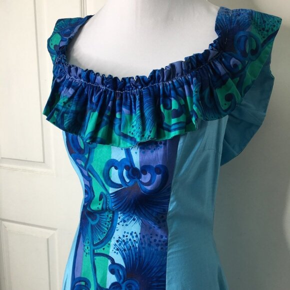 An Original Hawaiian Togs Maxi Dress Size Small Blue Ruffled Cotton Vintage - Picture 4 of 16